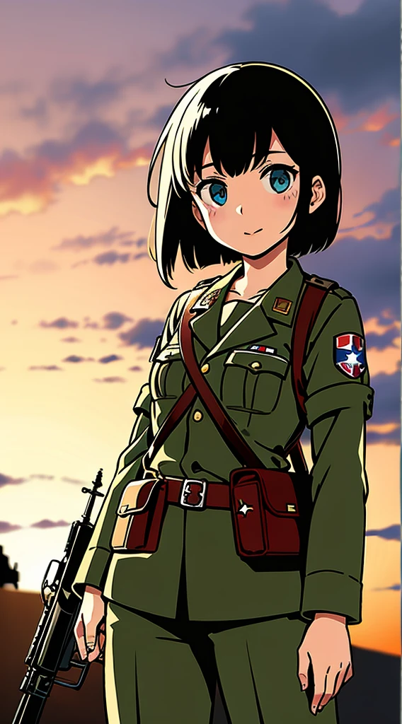 Riko man , anime , green Japanese soldier suit from World War II , flag of farfania , arisaka type 99 rifle in hand