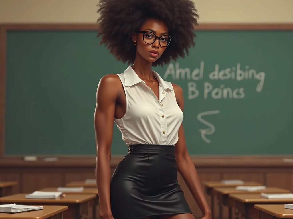 1 girl, solo, high quality, ebony girl, high resolution, volumetric lighting, 8k, beautiful woman, (dark skin), college student, 's uniform, (big-ass), small breasts, (white dress shirt), (khaki cotton shorts:1.2), belt, Wavy hair, pony tail, bangs, headband, hoop earnings, class room, pose sexy, seductively pose, cowboy shot, ((slim thick body:1.1))