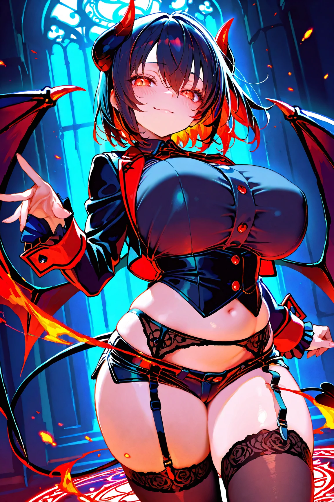 (score_9)、(score_8_up)、Rating：Blatant、、source_anime、(Round Breasts:1.5)、Nipples are hidden、(Pussyがのぞいている、Pussy:1)、(Large Breasts:1.8)、(Narrow waist、Thin Hips:1.2)、(No underwear:1.3)、BlueMary、short hair、blue eyes、pants、Crop top、turtleneck、belt、necklace、Fingerless gloves、Sideboob、Torn clothes、Grin、Big Mouth、