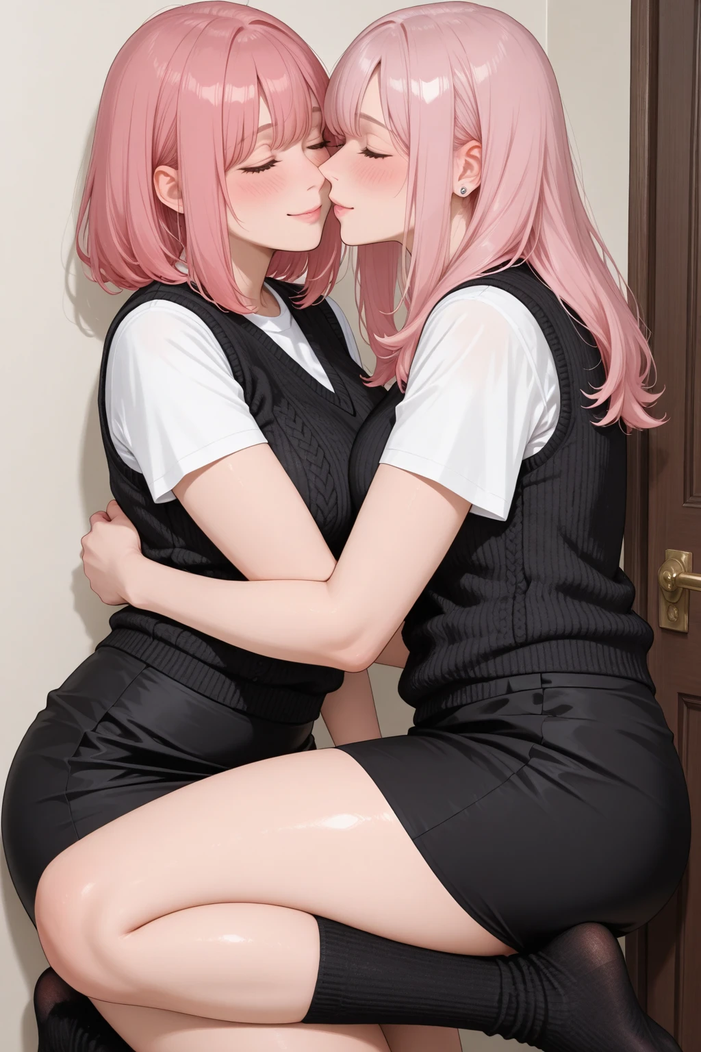pink hair black glasses pink eyes extremely blushing a large pink sweater short black skirt at the waist chains black stockings that she is a reserved girl her bed that she is on her knees touching her butt