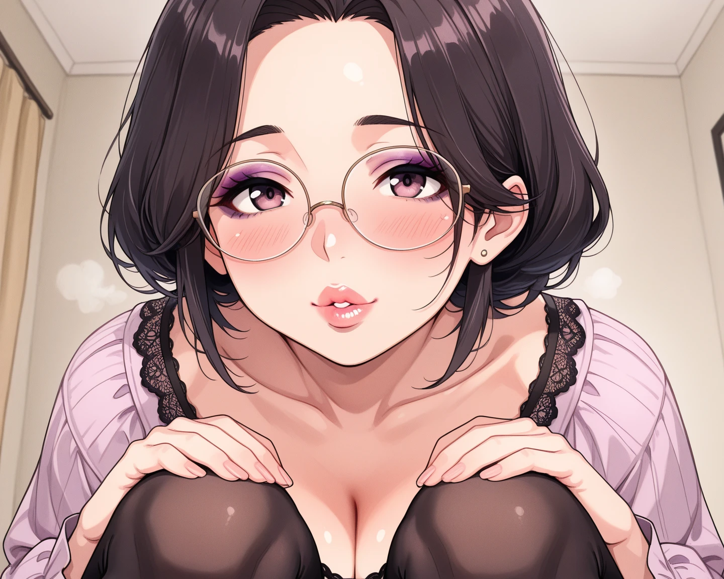 Hot sexy beautiful milf, black tight inner shirt,white sweater,, silver chandelier earrings,big breasts, lipstick,makeup, black,two falling hair strands,blush,short hair , glasses , purple eyes