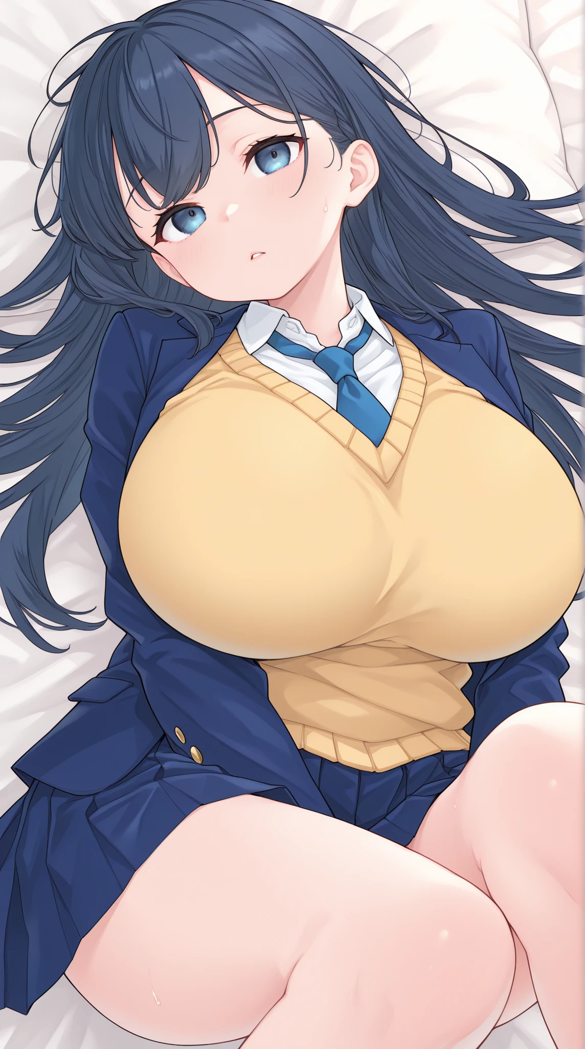 (Perfect body),Best Quality,16 K、Mouth open、I'm surprised、Ahegao、Blushing、embarrassed from、(Breasts come out)、( are protruding)、(Very big big breasts)、Large Thigh、(fatness)、Dark hair、short-haired、(Tie back hair)、eye glasses、red eyes、1girl in、(Arms behind your head)、(Armpits)、Sweat、(Light blue panty)、(Striped panties)、spreading legs、(M-shaped legs)、(despairing)、Dark bedroom、on the bed、lying on one's side、