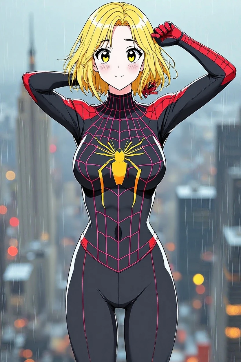 18 yo girl,multicolor spider suit,short blunt hair,blonde,beautiful face,rain,masterpiece,intricate detail,Open mouth,perfect anatomy,
by artist Shuichi Shigeno,