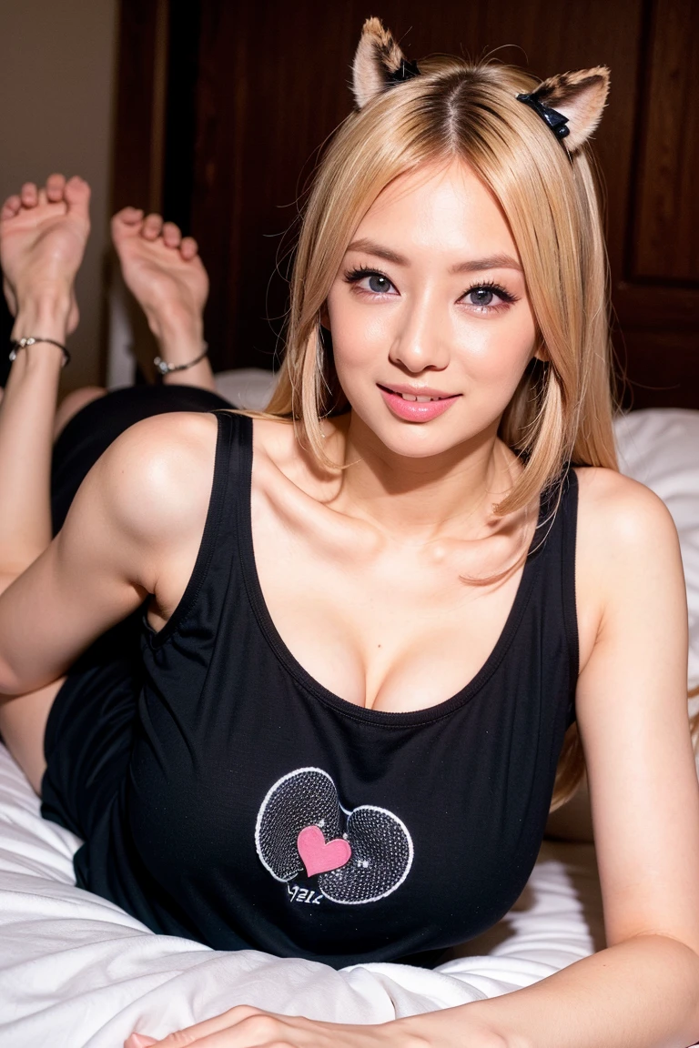top-quality, A high resolution, a picture, a photo of a cute girl, Detailed cute and beautiful face, Small face beauty, 16 years, White shiny skin, Platinum Blonde Super Long Straight Hair, Beautiful big pale grey eyes, White Apron sexy, without makeup, lying in bed, view from above, sockes, (Black socks), legs, precise legs, legs beatifull, red lips, touching lips, shy smile, small tits, tits perfects