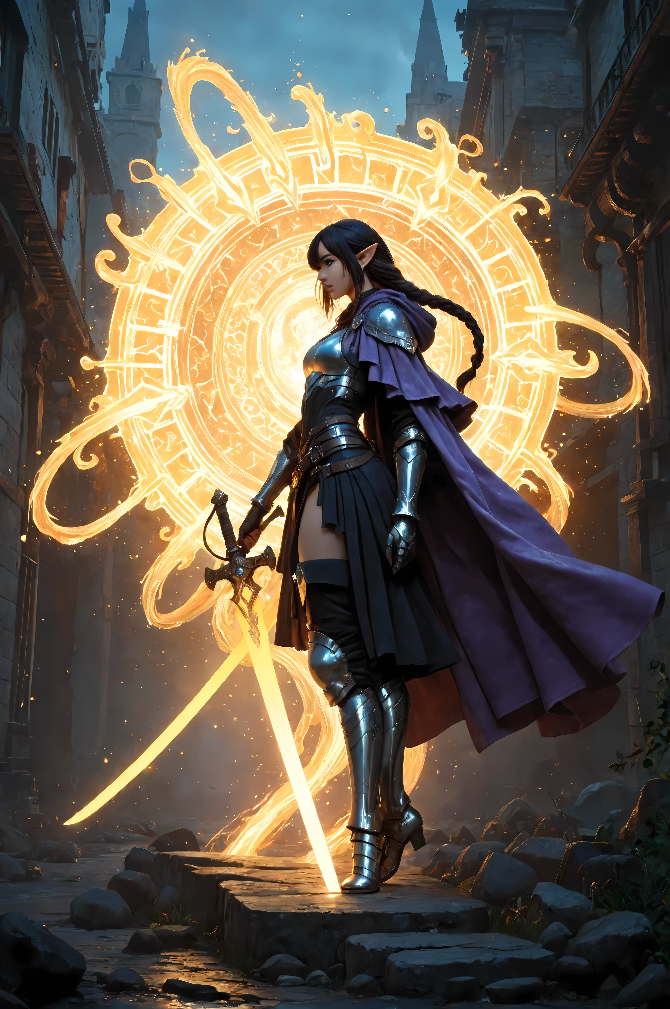a picture of a female elf (intense details, Masterpiece, best quality) fantasy swashbuckler, fantasy fencer, armed with a slim sword, shinning sword, metallic shine, colorful clothes, dynamic clothing, an ultra wide shot, full body (intense details, Masterpiece, best quality)epic beautiful female elf (intense details, Masterpiece, best quality), rich hair, braided hair, small pointed ears, action shot, GlowingRunesAI_red , colorful magical sigils in the air, colorful arcane markings floating,  holding a sword (intricate details, Masterpiece, best quality), fantasy urban street (intense details, Masterpiece, best quality),  purple cloak, long cloak (intense details, Masterpiece, best quality), sense of daring, sense of adventure,  h Masterpiece, best quality, amazing quality, hyper-detailed, newest, very aesthetic, full body, (ultra details, Masterpiece, best quality), realistic art, , realistic art, fantasy art, dnd art,fantasy art, realistic art, Colorful