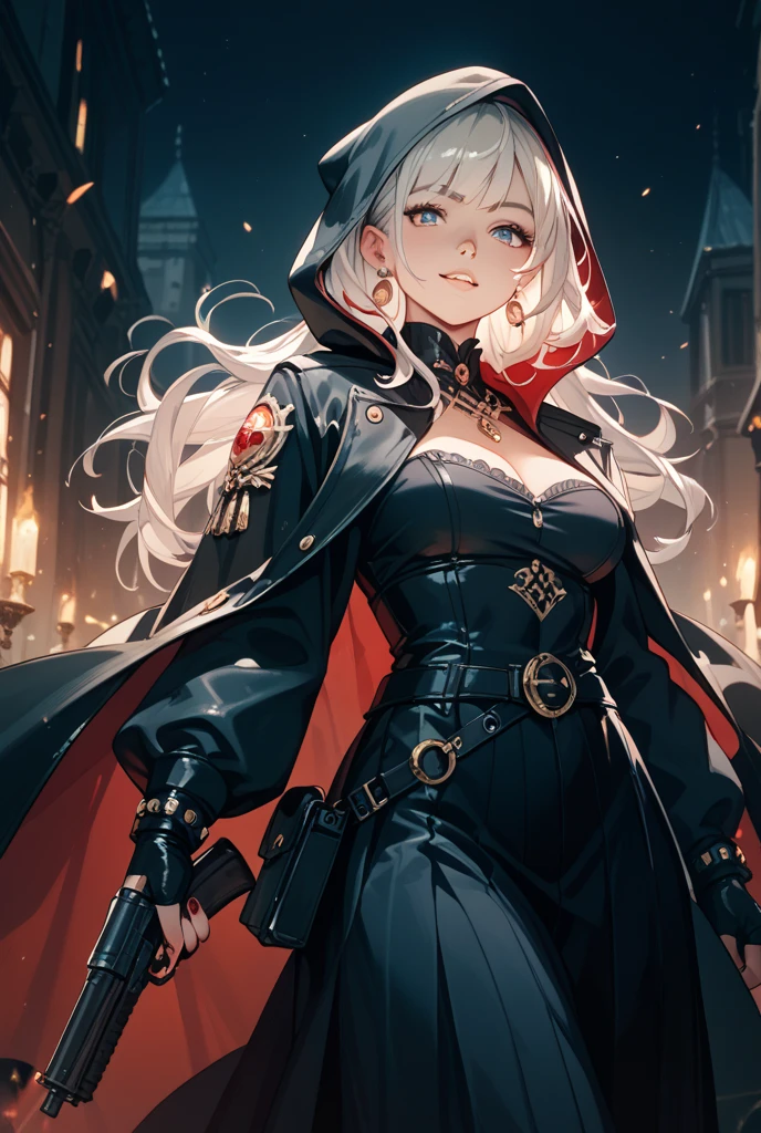 (masterpiece:1.3),(highly detailed:1.3),(highres:1.1),best quality,Ultra-detail,night,bursting breasts,mirko mha,solo,large breasts,red eyes,(bright pupils),rabbit ears,rabbit girl,abs, muscular female,red eyes, dark-skinned female,dark skin,animal ears,white hair, bloodborne hunter, long coat, skirt, single thighhigh, thigh strap, cleavage, striped, red skirt, shirt, pleated skirt, cleavage cutout, brown footwear, collared shirt, at night,looking at viewer, <lora:mirko:1>,<lora:bursting breasts by Goofy Ai:1>, <lora:Bloodborne:0.7>