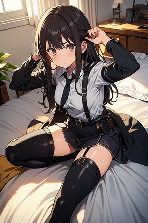 Brown hair、watching at viewers black suspenders Bulging big breasts walls: Black miniskirt garters Gaze Small face bangss holster Belt Armament Beautuful Women srestrained hands up Lying in bed Leg holster lying on the bed Gaze black boots panty shot