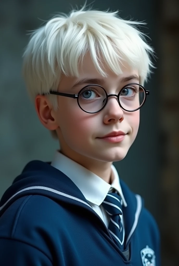 A high school student with white hair and glasses