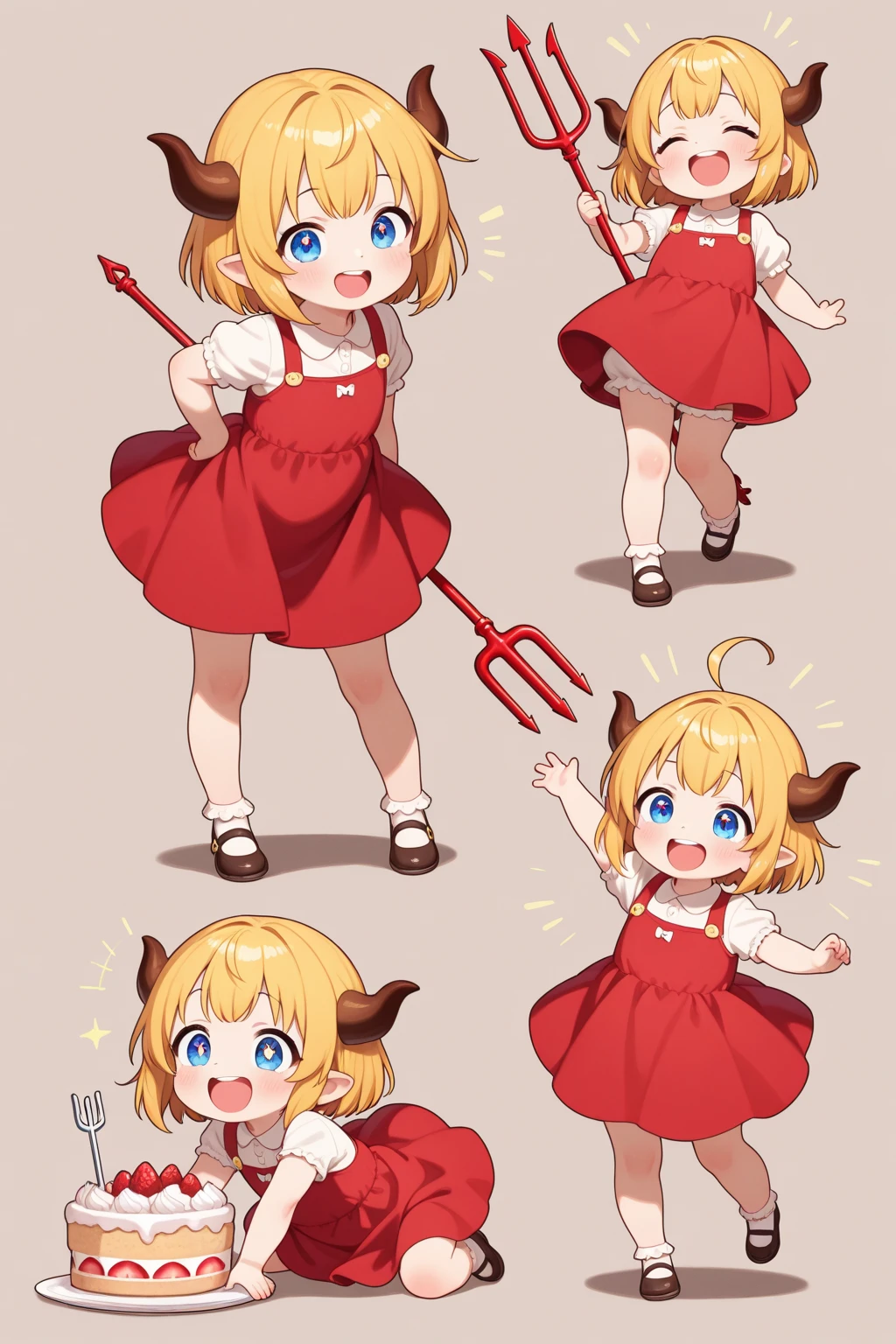 masterpiece、top quality、ultra high resolution、Super Detailed、perfect detail、girls、Toddler、bob hair、laughing、best laugh、horn、Longhorn、red dress、shoes, chibi style, cute looking, holding a small trident, smashed cake Next to her