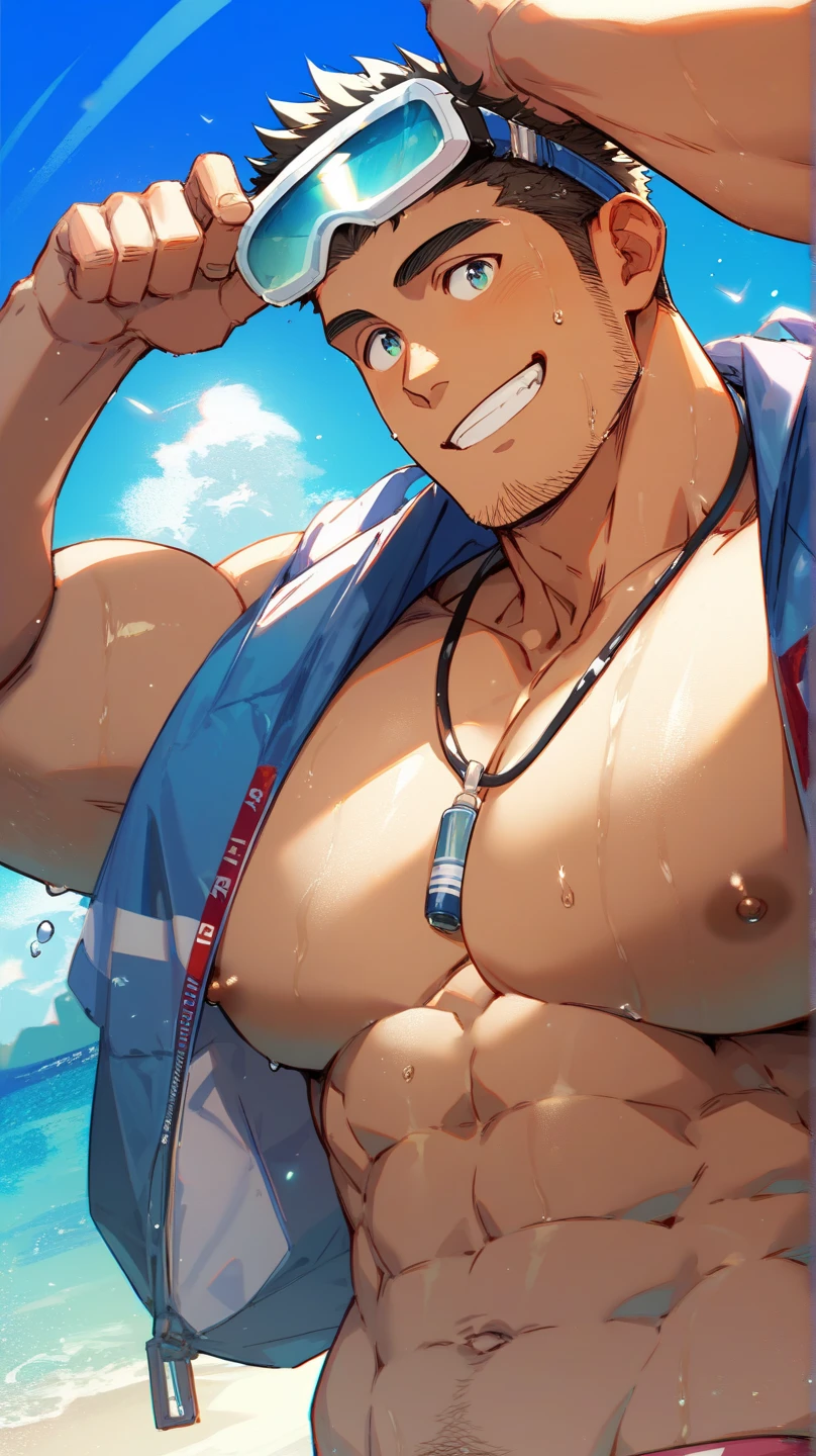 ((Nsfw)),Anthropomorphic character, 21 years old man, white great shark, muscular 0,8, abs, lean body, v-taper 1,2, blue skin, white briliant belly, black nipples, shirtless, red shorts,pulled down shorts, red hat, red cap, ((black fingerless gloves)), black headphone on the neck, black duffel bag, live guard, beach, sunny, dick, penis, white penis, pink penis head
