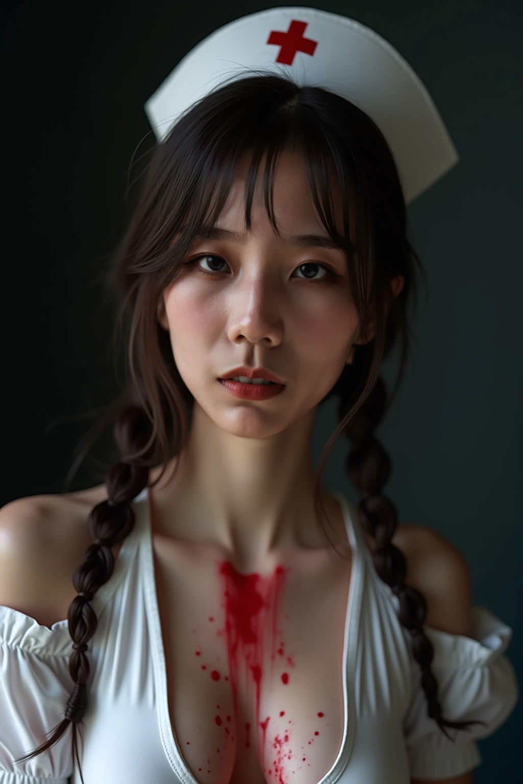 Highest quality, masterpiece, look up, Upper Body, cute,(Horror),(((Female beautiful zombie))),Dead,(((Bleeding,Injured))),(((Shedding tears of blood))),(Sexy),(sexy),(Completely naked),Baby Face,Black Hair,(((Large breasts))),(Masturbation),Beautiful Style,(Pale skin),Sensual look,Embarrassed,Sexy表情,Expressions of delight,(Dark atmosphere,fear),((Dim lighting))