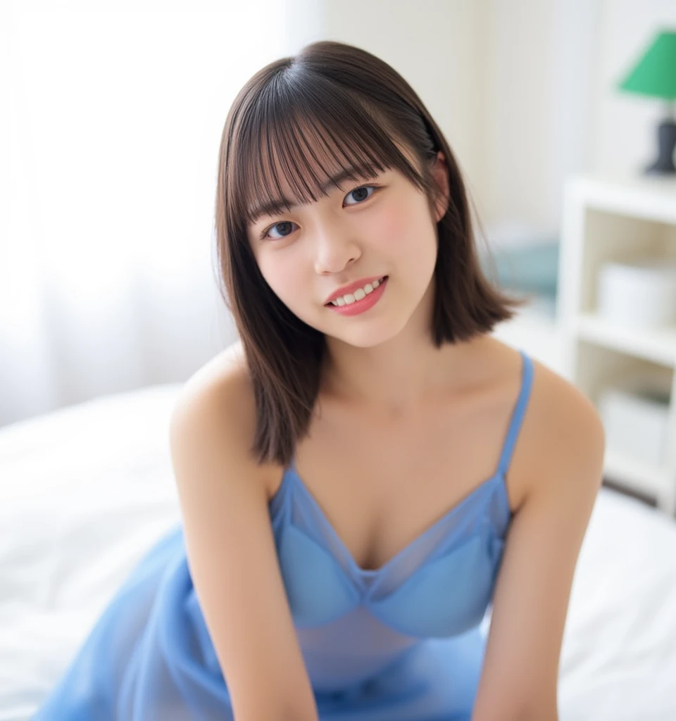 One girl, White and blue dress,  (Masterpiece), (Realistic), (Ultra fine), (beautiful),  White Wall, Smile, (highest quality, 128k,masterpiece), とてもbeautiful面長顔, Japanese Model, Ultra HD, (Photorealistic:1.1), Big breasts, big eyes, Black brown hair, seat, seat全身, Smile, Full body photo, Professional Lighting, White background, 
