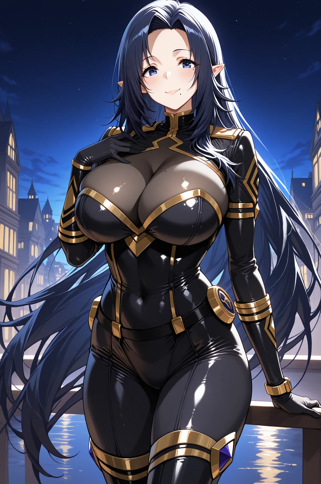 (masterpiece:1.4),(best quality:1.4, highres), beautiful face, beautiful eyes, 1girl, solo, female mature, black hair, long hair, (yellow eyes:1.4), large breasts, black latex suit, ((night vibe background)), hair intakes, exquisite eyes detail, exquisite face details, exquisite character design details 8k HDR, professional art, landscape, (solo:1.5, 1girl:1.4, cowboy shot:1.5), milf, 35 years old girl, (looking at viewer, smug, Lying against the wall, hand on head), Annerose