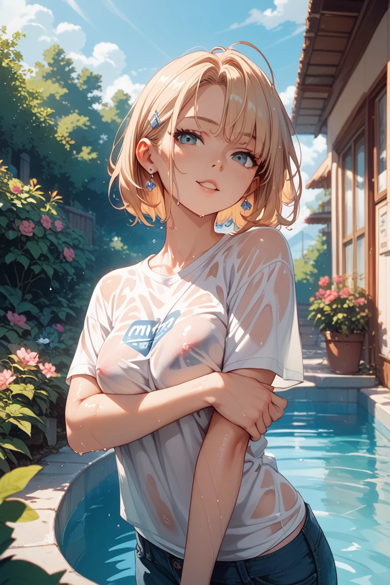 absurdres, (masterpiece, best quality), (ultra-detailed), extremely detailed, super high resolution, (Top Quality photorealistic Illustration), (Super Definition), (best quality,masterpiece:1.0),(cute illustration:1.3), (high Saturation:1.2), highres, ultra-detailed, 32k,8k resolution, intricate details, cinematic scene, detailed background, detailed background,(masutepiece:1.2), (Best Quality:1.2), hyper detailed illustration, beautiful artwork，(Extreme detail CG Unity)， (8K Wallpaper)、(exquisite lighting and shadow)、(highly dramatic picture)、(cinematic lens effects),strong light coming in， BREAK (dynamic angle:1.6), (close to viewer:1.6),from below, depth background, in the Poolside, pool, splashing, blue sky, windy, rim light, sunlight, beautiful lighting, strong light, widely, (girly standing:1.3), ((looking at viewer)), BREAK 1 girl, (us1),blonde hair, purple eyes,short hair,short bob cut, (straight hair:1.8), cute girl, (round face:1.6), (baby face:1.6), (kawaii:1.6), (cute:1.6), (loli face:1.6), (round eyes), (ultra-detailed brilliant big eyes), (large pupil), ((shiny skin)), ((pale skin)), (shy), (blush), smile, BREAK (show off nipples:1.8), (full nude:1.8), (exposed chest:1.8), (no bra:1.3),medium breasts, (small nipples:1.2), (small areolas:1.2),,(very extremely small panties:1.8),(pussy line:1.8), Big smile