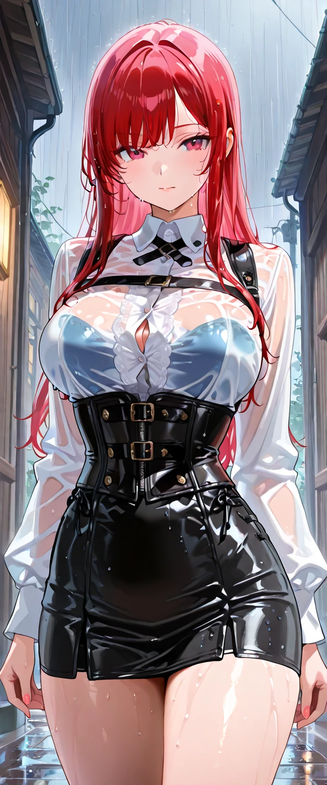Masterpiece, Beautiful art, professional artist, 8k, art style by sciamano240, Very detailed face, Detailed clothing, detailed fabric, 1 girl, big breasts, lying on a bed, View from above, perfectly drawn body, pose sexy, beautiful face, long dark crimson hair, Blue eyes, very detailed eyes, pink cheeks, seductive expression, loving smile, glasses, choker:1.6, (long sleeve white collar buttoned shirt), (shiny black corset), black gloves covering your hands, (shiny black leggings), Sensual Lips , winter night, show details in the eyes, looking at the viewer,
