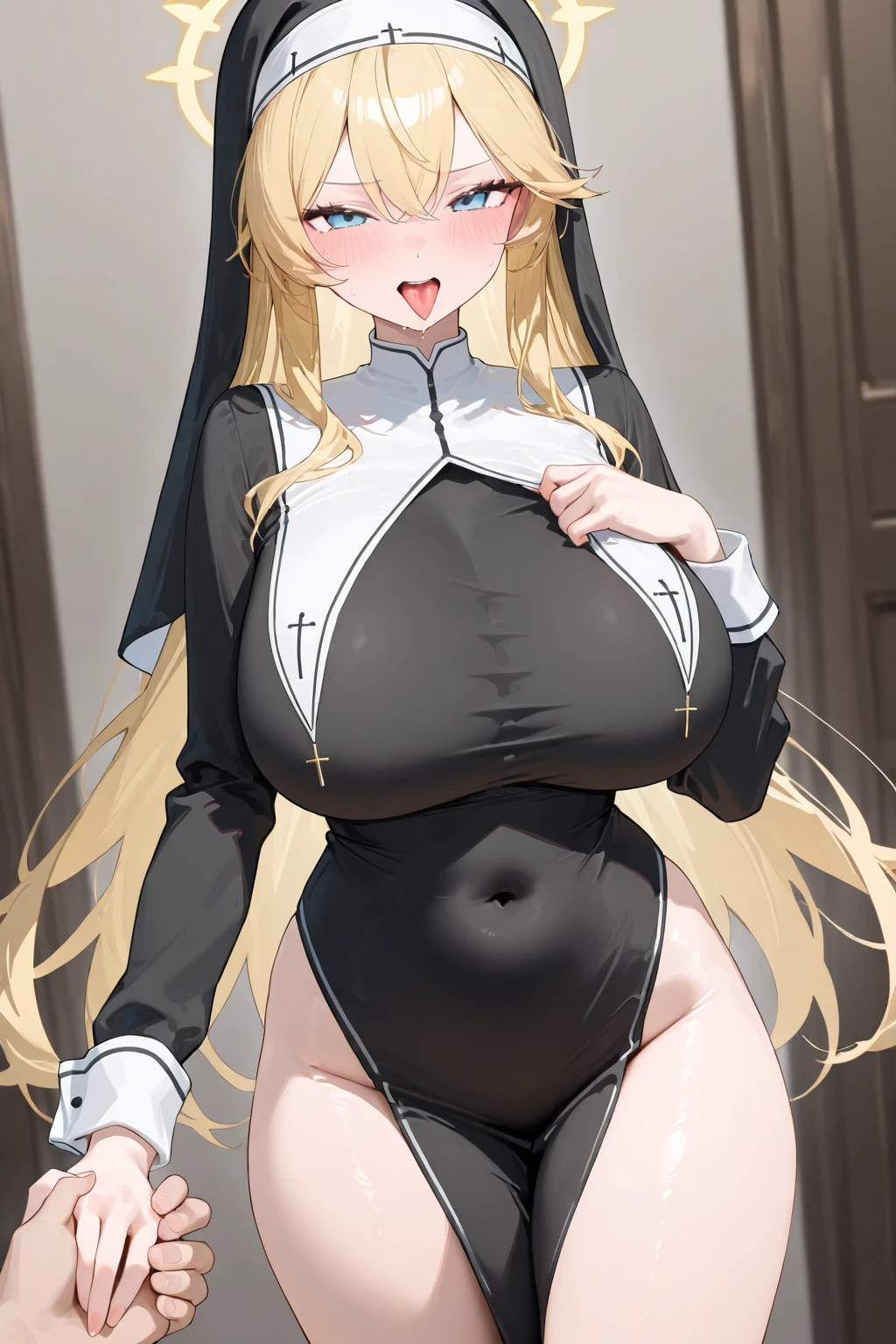 Female, Naked Nun, Curvy, Sitting, Armpit, No Bottoms