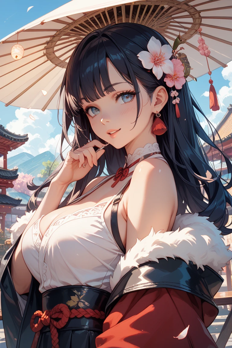 1个Giant Breast Girl,cabelos preto e longos,Qi bangs,Long, flowing hair,White bow hairpin,red pupils,beauitful face,,White gloves,Cherry blossom grass in his hand,A sea of flowers perfectly proportioned, Cinematic lighting, filmgrain, Fuji colors, lightand shade contrast, 8K, 巨作, Textured skin, Super detail, high detal, High quality, A high resolution,