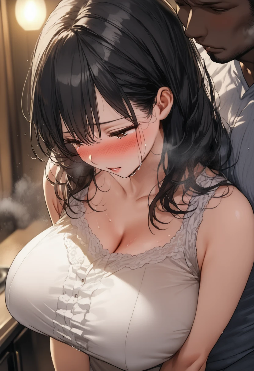 woman sucking penis hardly,hyperrealistic anime,mature woman,shaking effect,black hair,saliva,white sweater,long-skirt,huge breasts,blowjob,face focus,painful,look at viewer,sweaty,pov