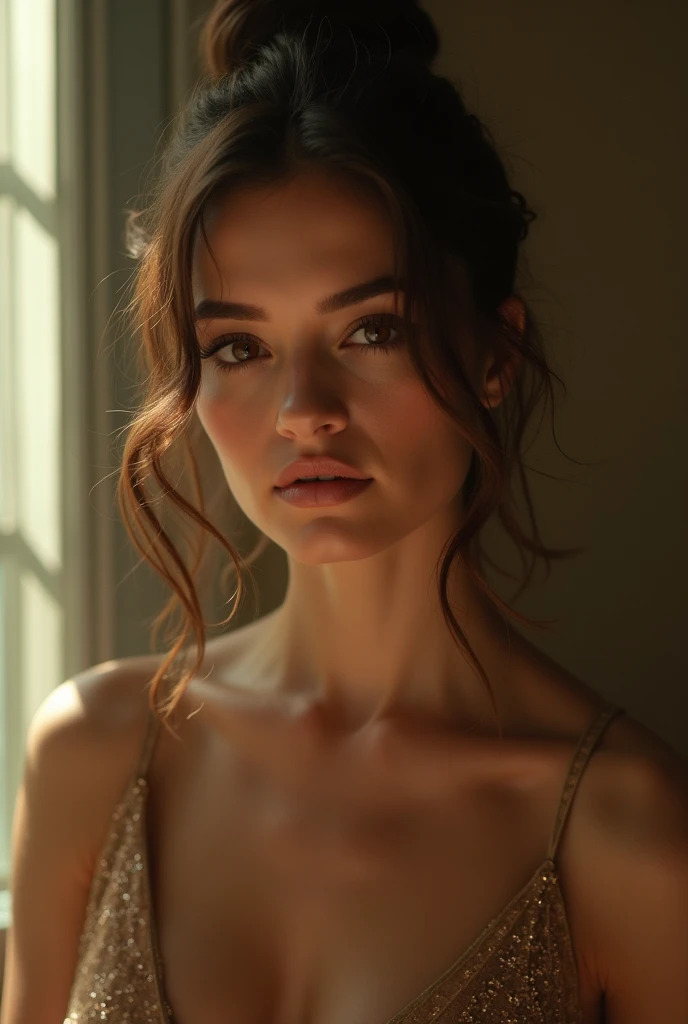 jeune femme européenne de   25 ans ,cheveux attacher ultra realiste 4k