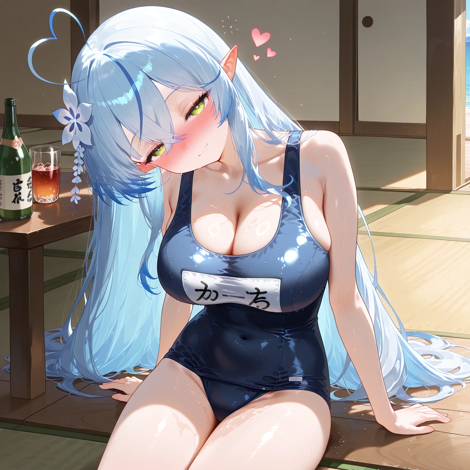 Long hair light blue hair yellow eyes massive breasts exposed cleavage rimuru hot black bikini adult sitting on table sexy