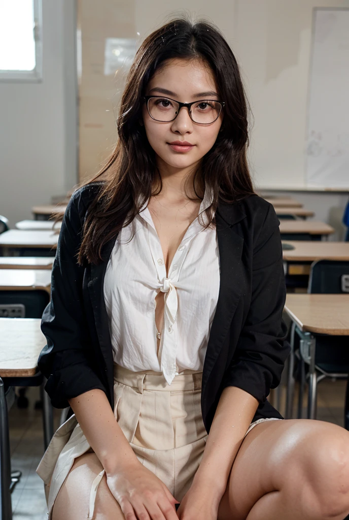 [[((young attractive Singaporean woman with strong Chinese Asian influence, a brown tanned complexion, long straight dark black hair, striking almond-shaped dark brown eyes, and a  frame:1.6)), ((Sophie Tan:1.5)), posing confidently in a classroom setting as a sexy school teacher. She is wearing ((a tight-fitting white blouse with a few buttons undone, a short plaid skirt, and black high heels:1.4)). Her hair is styled in a neat bun with a few loose strands framing her face, and she is holding a pair of glasses seductively. The background features a modern classroom with desks and a whiteboard. The scene is captured with a ((full-frame DSLR:1.4)) using a ((24-70mm zoom lens:1.4)) to keep Sophie in sharp focus while the background is slightly blurred. Professional lighting enhances her natural features and the details of her outfit. The image should be in ((8K resolution:1.5)) with ((hyper-realistic detail:1.6)). The focus is entirely on Sophie’s sexy school teacher outfit, her confident pose, and her seductive expression, capturing her essence perfectly for an Instagram photo.]]
