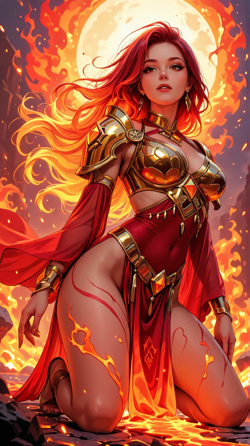 Fantasy Female sorceress, fiery red hair, latina, dark skin