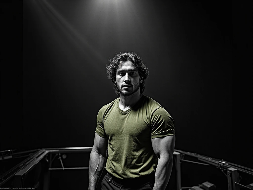 The picture is of a muscular young man with black curly hair, and has a very nice face and teeth, and has black eyes, and is wearing red clothes and holding a weapon.
