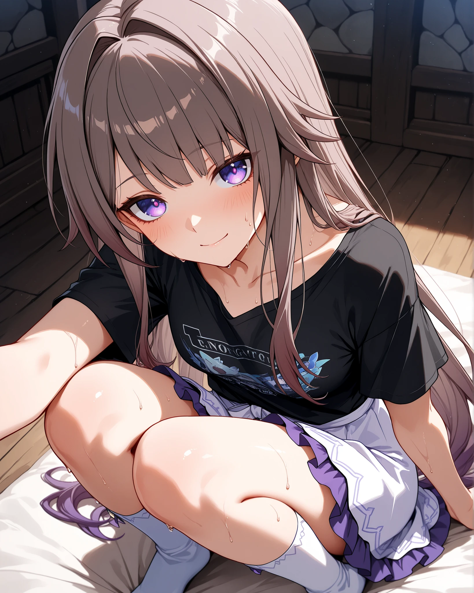 Honkai: Star Rail's Madame Herta, brown Hair color from KonoSuba, purple eyes, 1girl, solo, masterpiece, en iyi kalite, high definition, Wearing a black T-shirt with purple pattern Wearing long white socks, wearing a very short white skirt, ayakta poz, Expression of happiness after sweating, looking directly at the viewer, strong eye contact,