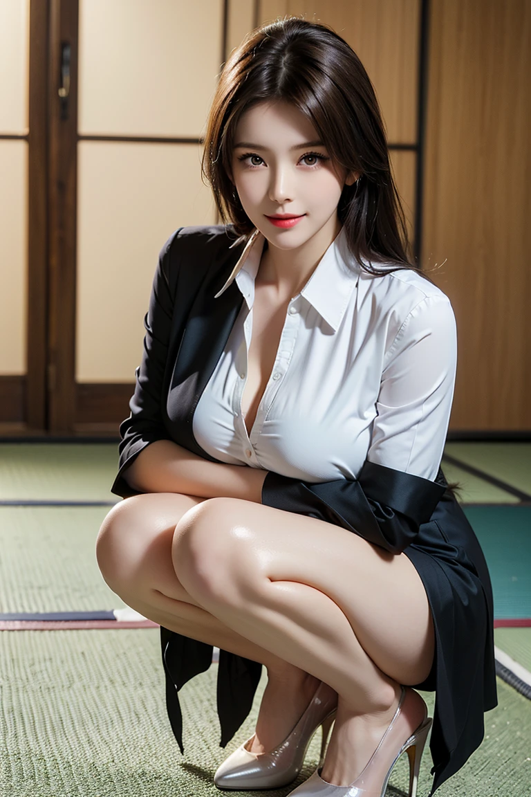 Japanese woman (detailed pretty face) (long black hair) (detailed hands) with huge breasts, wearing schoolgirl outfit, (sticking out her ass) in a school setting (anime art style)