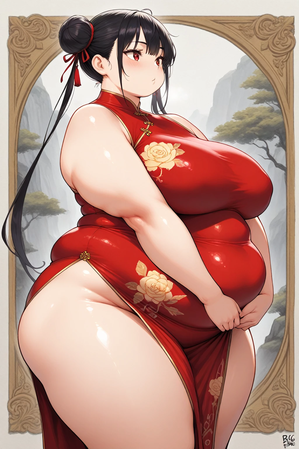 Ahri, big lips, red dress, bbw, Big round belly, obese, long black hair