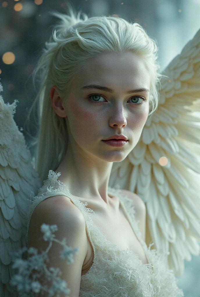 (((White Background:1.3)))、(((One albino woman、Cute Face、Cute Woman、Angelの羽、Angel))), ,(((The eyes are light blue:1.3)))、White Dress、((White shirt:1.3、White Block Dress)), Tyndall effect, Realistic, Shadow Studio,ultramarine、illumination, デュアルトーンillumination, (Skin with attention to detail: 1.2)、薄暗いillumination、暗いillumination、 photograph, High resolution, 4K, 8k, Background Blur,Beautiful fade out、White world、White Background
