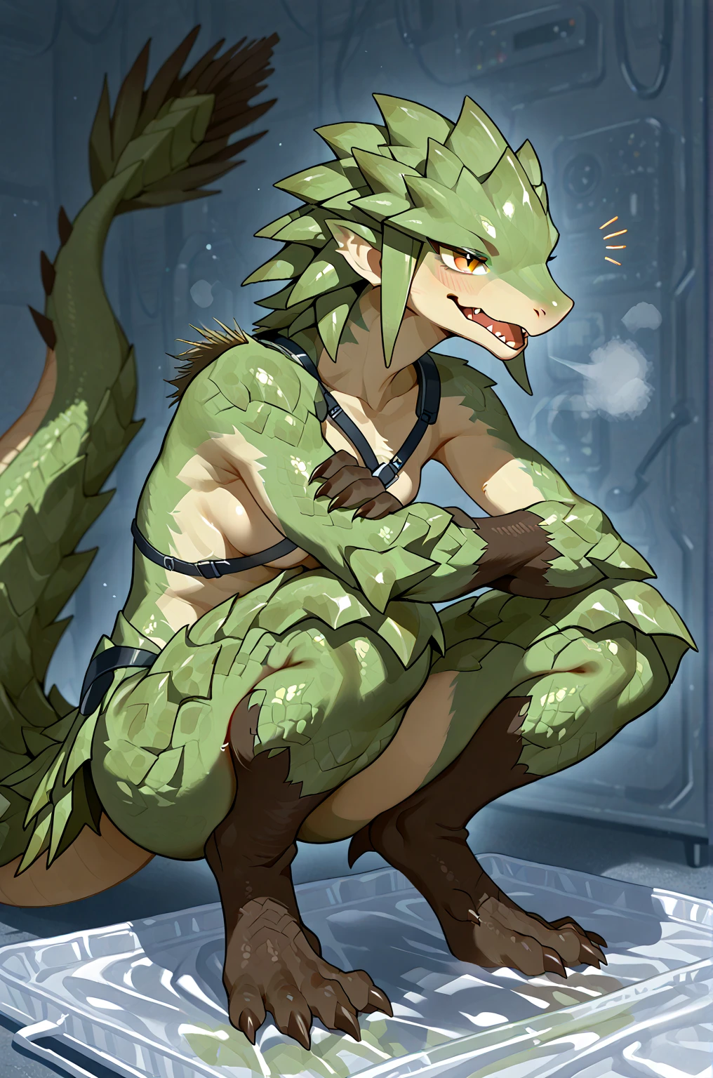 Highest quality、Sexy Baby Lizardman, Skimpy micro underwear、Lizard head、Sweat、Embarrassing、Gay、Western background、Crotch close-up、cute、Leather Handbags、Knee-high socks、Choker of Hearts、White Breath、Licking lips、Drooling、smile、Obscene language、Pink steam、、strip、Sheriff Vest、Angle looking up from below、A magazine cover-style illustration of a man wearing string panties、Cowboy hat、bed、salute、Leg spread