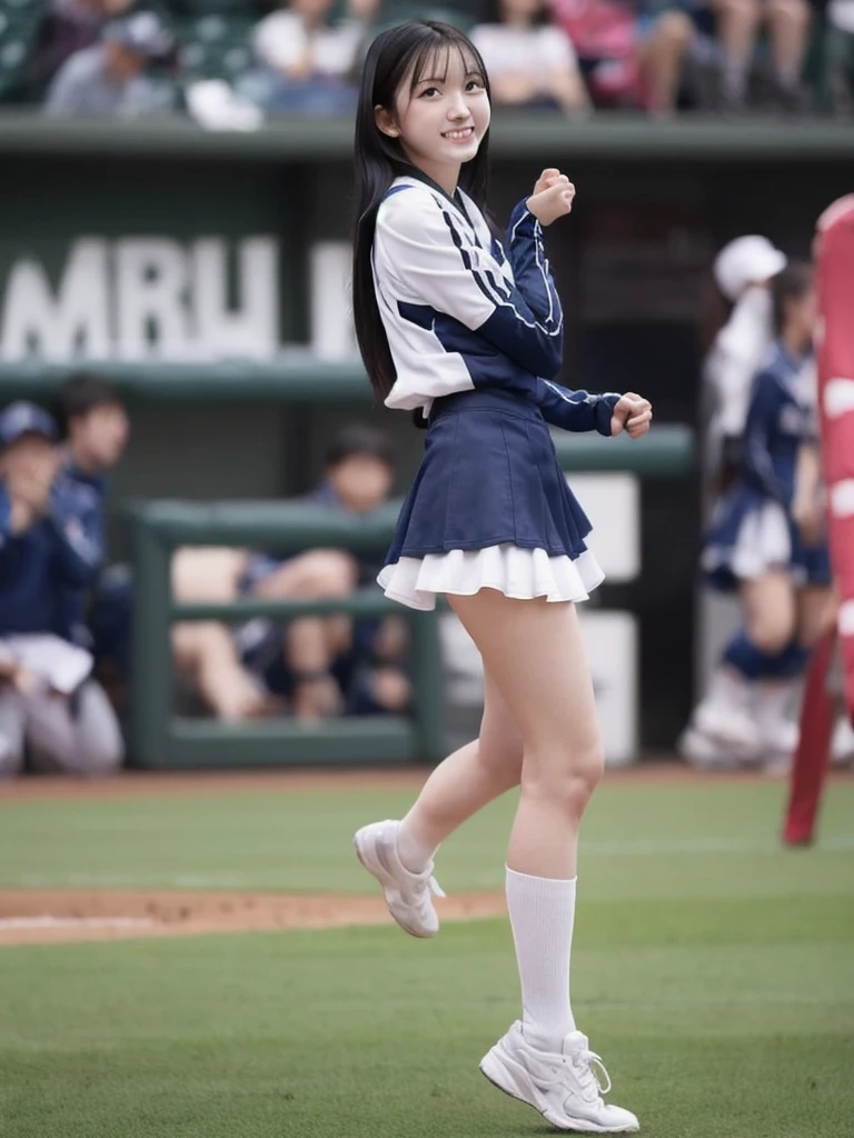 (Beautiful Japanese girl in her early teens), (White panties), (Shot from below), Cheerleader spread legs, hidden nipples, 1 girl, solo, Cheerleader, perfect hands, open mouth, Angry expression, crop top, blue skirt, pleated skirt, removable sleeves, elbow gloves, looking at viewer, outdoors, stadium