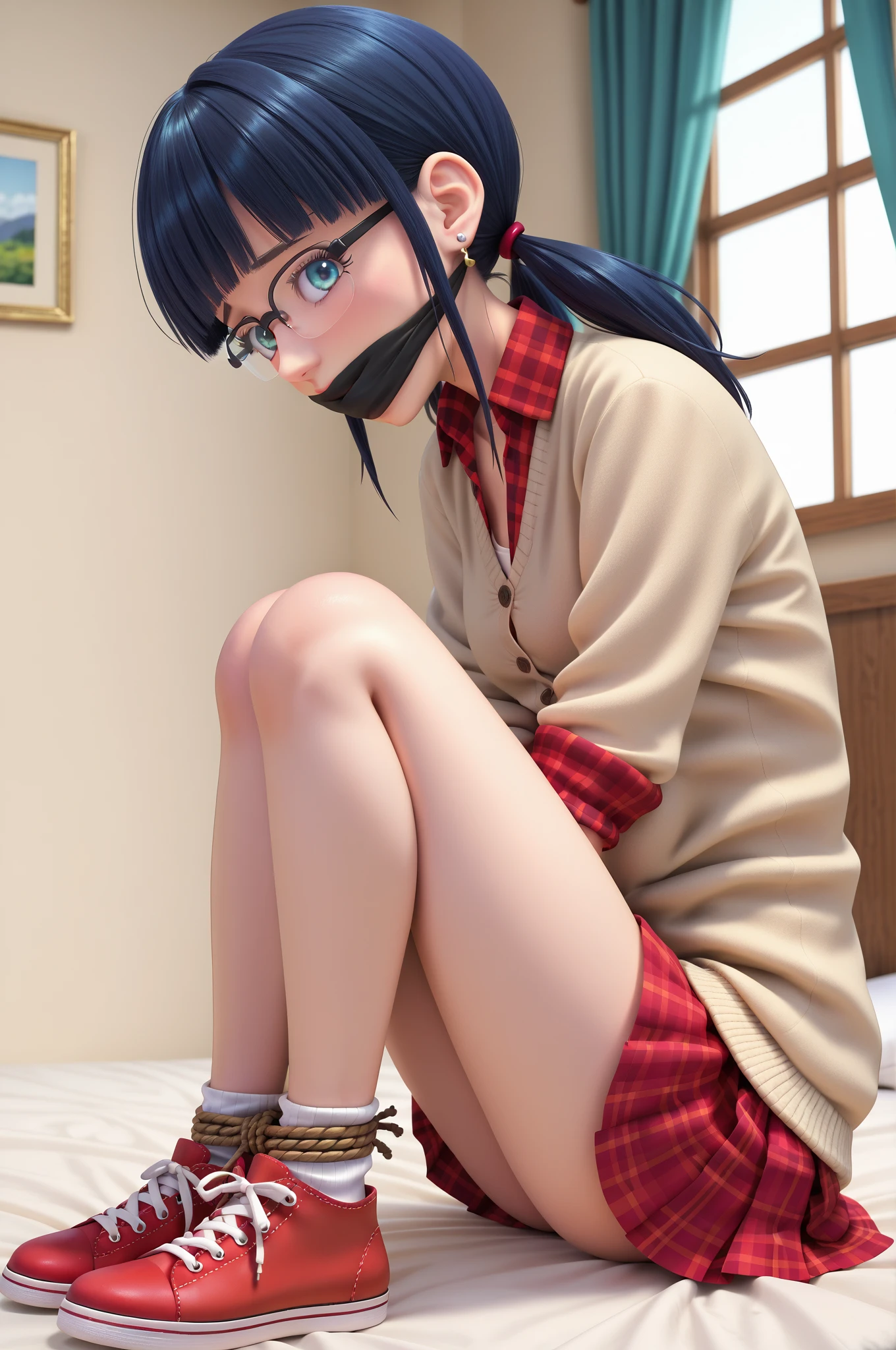 8K RAW photo, high resolution, 2 cool Korean, big round breasts, school uniform, tie, tie ribbon, blazer, skirt, beautiful eyes in detail, long eyelashes, beautiful double eyelids, eye shadow, slit eyes, sanpaku eyes, dark eye makeup, evil smile, beautiful thin legs, short hair gathered at the back, earrings, school classroombondage (Shibari,hands tied behind back:1.5), (Shibari:1.21),Tied up, legs tied, ballgag drooling ((( Orgasm expression )))(((Lying on the conference table)))(((Wear glasses )))(((black ballgag ))