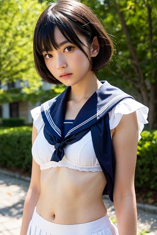 beautiful girl、short hair、Completely naked、Sailor suit、Beautiful buttocks、10th Generation、Sit down and open your legs