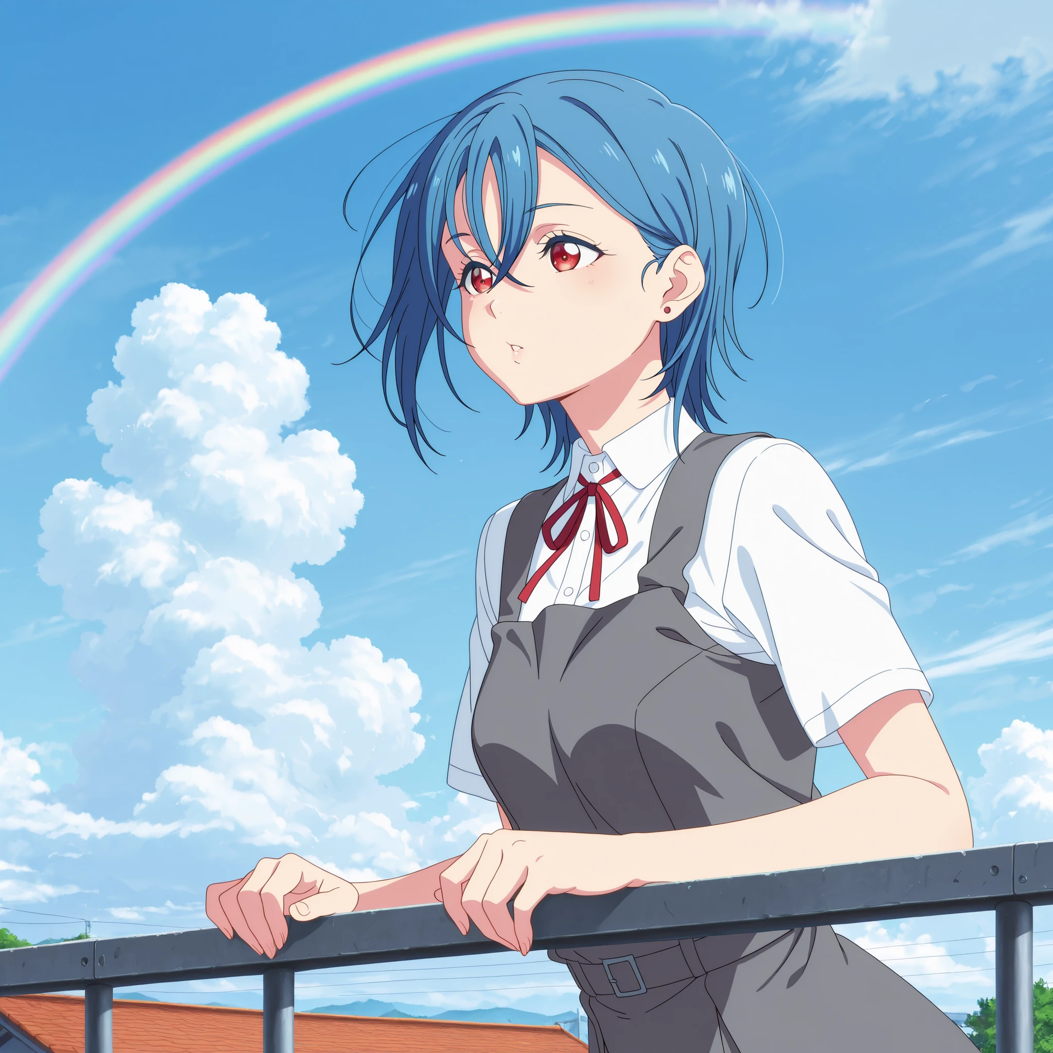 best quality, high quality,amazing quality,highres, absurdres, newest,anime screencap,anime coloring,highly detailed illustrations,perfect eyes,detail1eye,well-defined fingers,anime style,perfect anatomy, ((perfect fingers,5 fingers)), Jeddtl02,
BREAK
(1girl,solo),shiki wakana, wakana shiki, short hair, bangs, red eyes, hair between eyes, blue hair, earrings, stud earrings, small breasts, anime screencap,shirt, dress, ribbon, jacket, white shirt, open clothes, collared shirt,short sleeve shirt, red ribbon, neck ribbon, pinafore dress, grey dress,
BREAK
A girl looking at the sky from the school roof. A side angle. A beautiful rainbow appears in the sky after the rain. She leans forward with both hands on the railing of the roof and smiles. Her hair is blowing in the wind.,upper body,r41nbow,rainbow, cloud, day, outdoors, blue sky,fence,rooftop door,outdoor,
photorealistic,8k