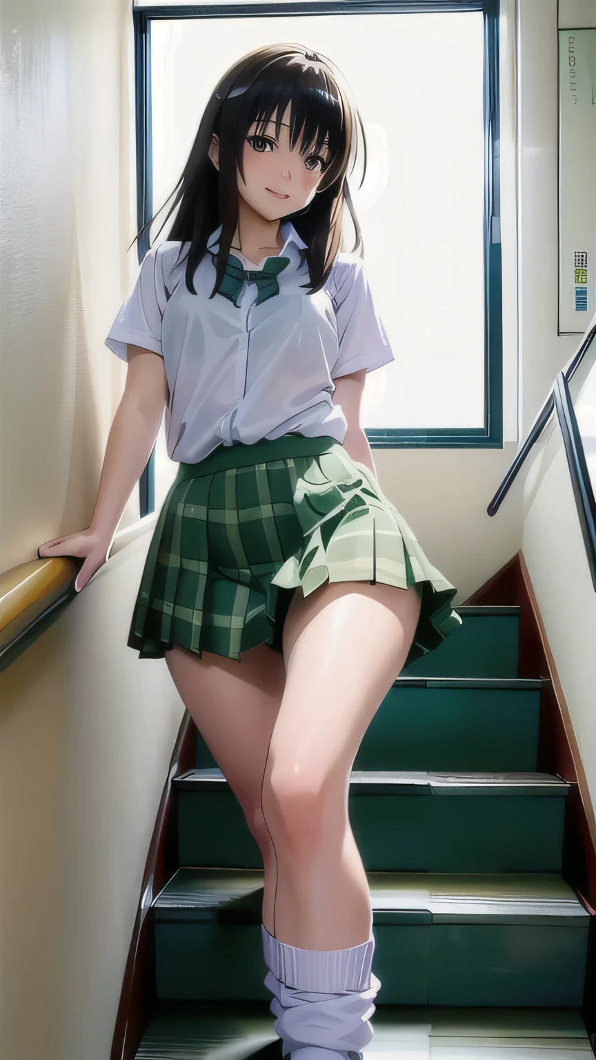 (highest quality,4K,8k,High resolution,masterpiece:1.2),Very detailed,Portraiture,Detailed Background,Soft lighting,Beautifully illuminated landscape, fantasy art:1.5, BREAK high school girl,skirt,Plaid, Pleats, panties,Light green,See-through, perfect female body,Big Ass, expensive, short hair, blazer, Black socks, loafers, BREAK another male's hand from out of frame touching her skirt:1.8, From behind, one hand, Perfect Fingers:1.3, Perfect hands:1.3, Short sleeve, Rear View, station, train, Commuting, long escalator