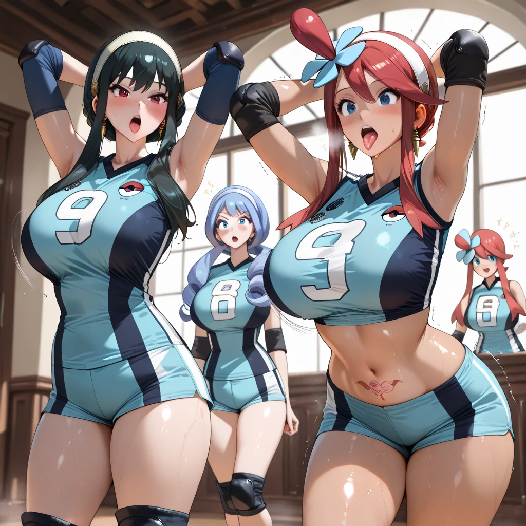 three women in swimsuits posing for a picture in a room, digital art, brush, sketch, digital illustration, comic style, stunning background, perfect anatomy, centered, approaching perfection, dynamic, highly detailed, art station, concept art, smooth, sharp focus, illustration, artwork style of Toshihiro Kawamoto, art style of Ghislain Barbe, art style of Makoto Shinkai.
