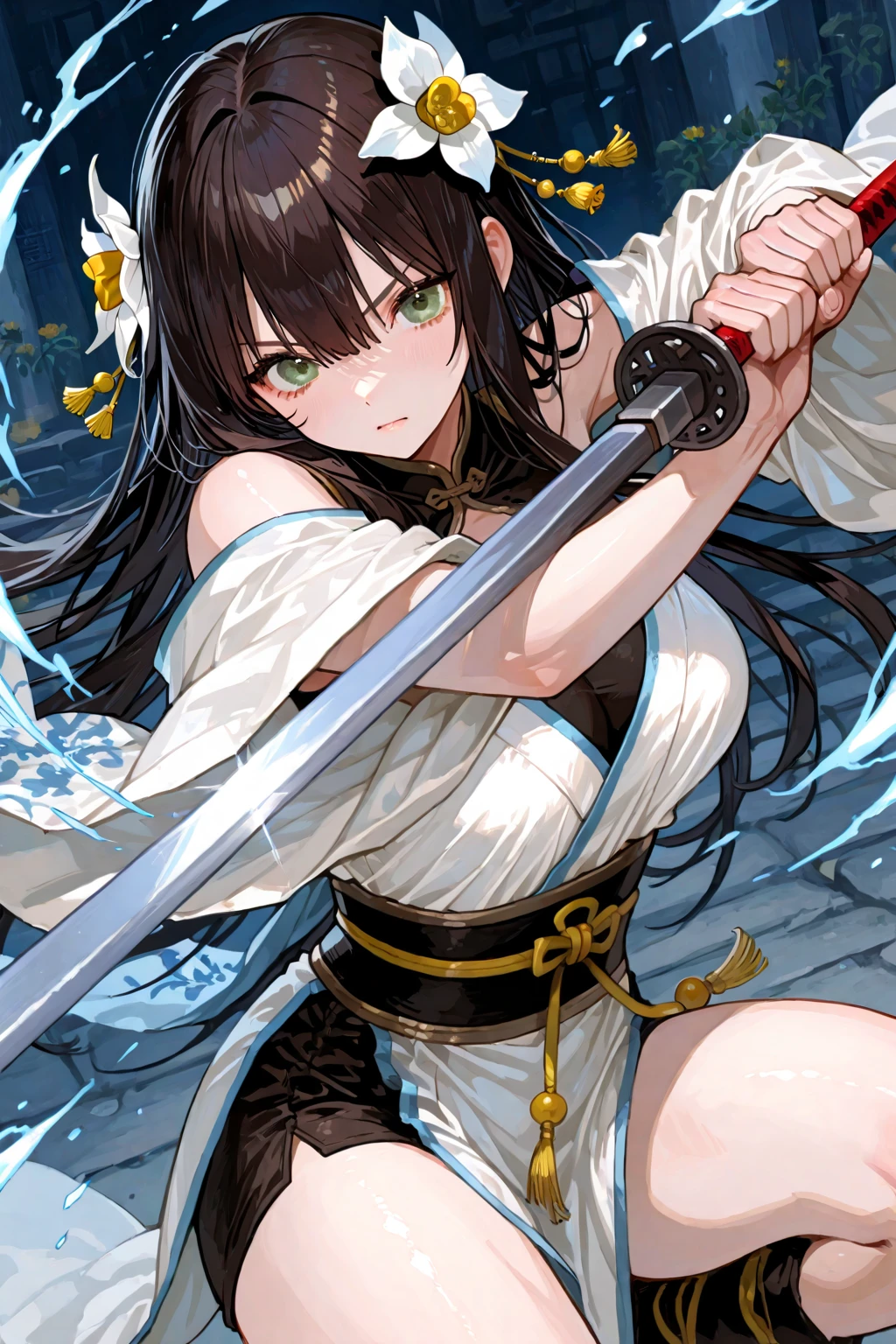 A female swordsman wearing a blue and white cheongsam,Striking dynamic poses with swords。Tempting breasts,Monochromatic color scheme with black, white and grey tones,Abstract background with splashes of ink and traditional Chinese patterns,Elegant and powerful,High-resolution,Natural appearance