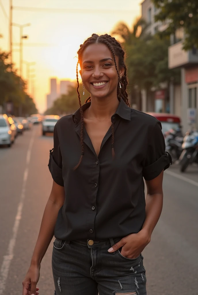 A 14 year old sexy bold and cute Indian girl is wear black leather short shirt and short pant , slim figure, smiling face, full body