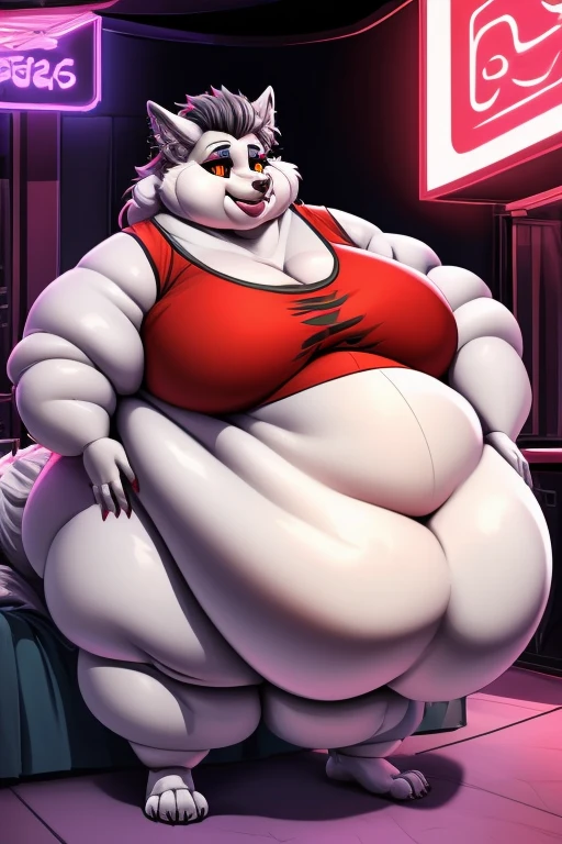 Arctic wolf,female, long hair, huge breasts, huge hips, huge thighs, plump, voluptuous, morbidly obese, fat arms, fat legs, belly rolls, fat rolls, saggy breasts, huge belly, belly overhang,, double chin, chubby cheeks, gorgeous, beautiful, eyelashes,huge body, corpulent, wide silhouette, feminine , standing ,huge belly, huge belly , hair reaching the ground , sitting in bed, simple background, opaque bra, opaque panties , spotted body,belly between legs,spread legs,smile,hyper ass,small feet