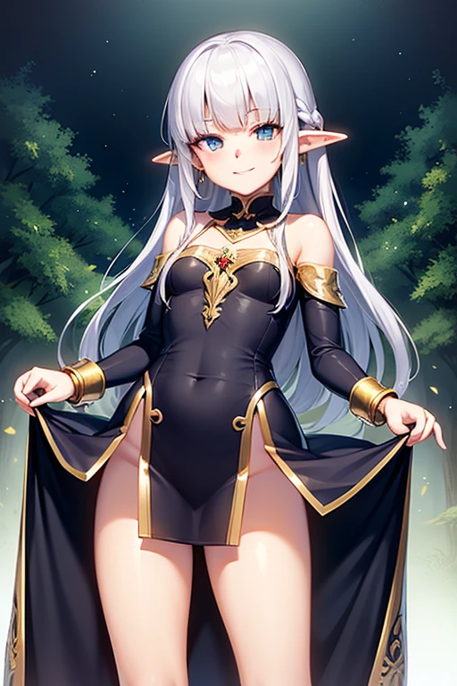 elven girl,hanging female prisoner,silver long hair ,large breast,BREAK,navy polyester low-legs leotard,cutout between underboob,black short sleeves,BREAK,boots,red long gloves