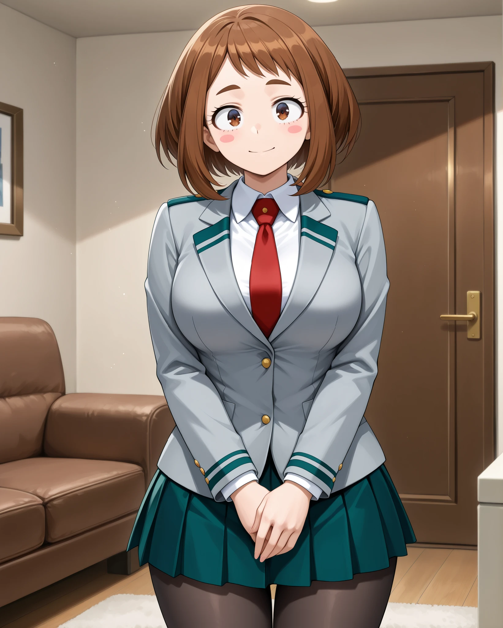 (open eyes, eyes wide open, happy, neutral expression,
standing, standing straight, front view, cowboy shot, head, thighs,) large breasts,
Ochako Uraraka \My hero academia\,
brown hair, brown eyes, short hair, blush stickers, medium breasts,
u.a. school uniform,
grey blazer, long sleeves, blazer,
white collared shirt, white shirt, collared shirt, red necktie,
green pleated skirt, skirt,
pantyhose, black pantyhose,
living room,
1 girl, solo,
newest, bright face, perfect face, expressive eyes, large eyes, big eyes, flatshading, masterpiece, best quality, amazing quality, (cute anime girl, source_anime, milf, motherly, mature female, seductive anime girl, mature_lady, beautiful alluring anime woman,)