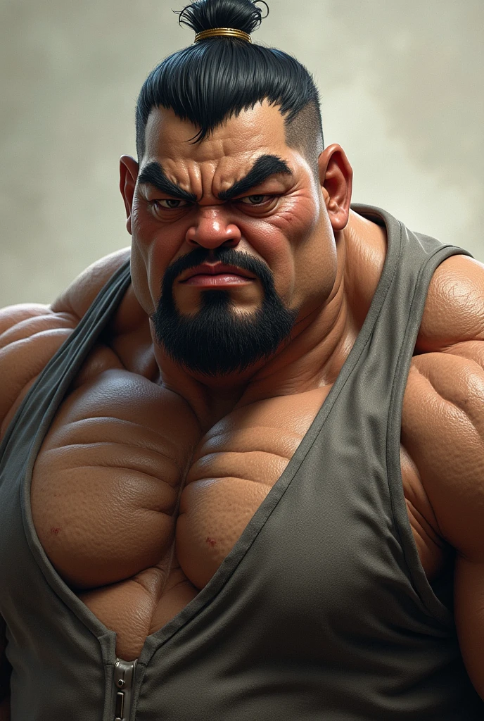 An Asian strong man,no clothes are worn,A small amount of fat,Bronzed skin,Faceless