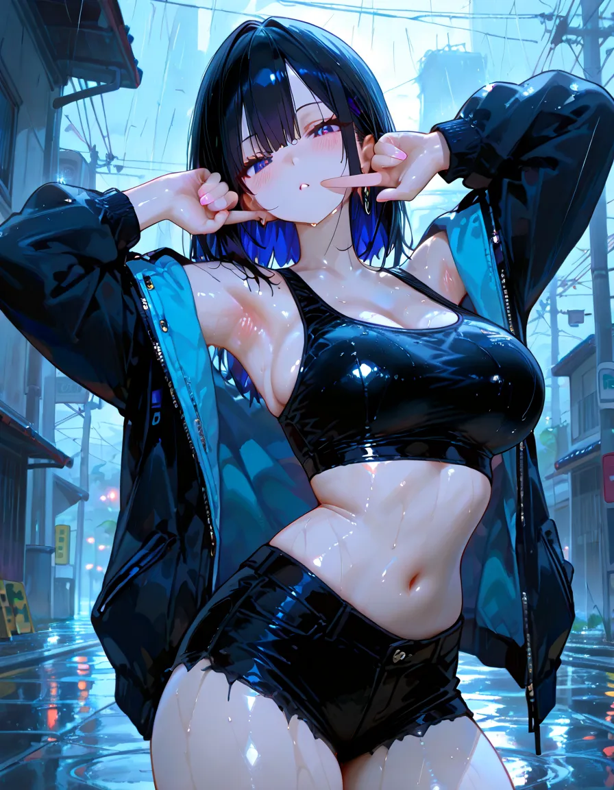 masterpiece, best quality, 
1woman,black hair, (downboob:1.2),navel,midriff,large breasts, covered nipples,shiny tattoo, ahoge, earrings,pink streaked hair, Thong ties peeking out from the shorts,
volume light, chromatic aberration, tyndall effect,
multicolored background, splashing background,