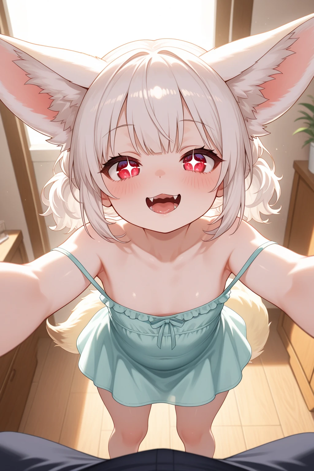 １people,woman,Rabbits turned into people,red eyes,rabbit ears,(Furry 1.3), white fur, super cute face, beautiful light and shadow, ambient light, highly detailed fur, naked,blush,A face that feels,whole body,Drool,Make the face a little smaller,(Sex 1.3),Crotch in people,I&#39;m nervous.,Pressuring to mate,crotch,stick out tongue,(duo，(Gonzo), above female)