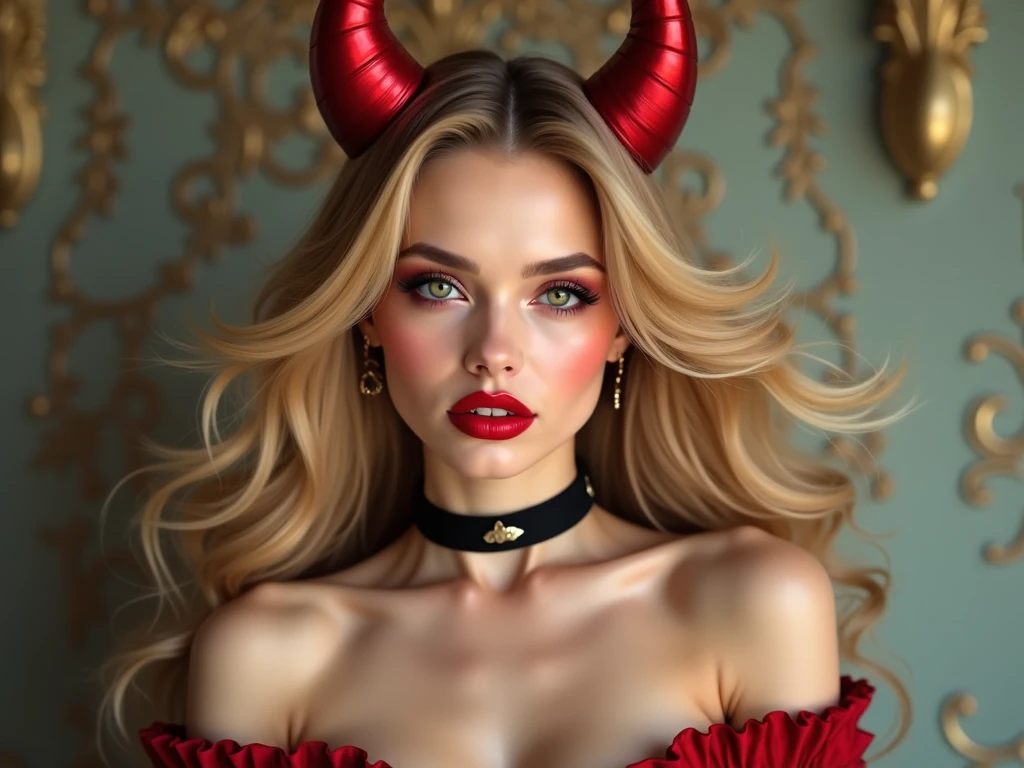 power_csm, medium shot, blonde hair, yellow eyes, red horns, blushing, beautiful girl, full body shot, long blonde hair, cleveage, visible bellybutton, lying down on bed, perfect body, slender, thin, legs, sexy, completly naked