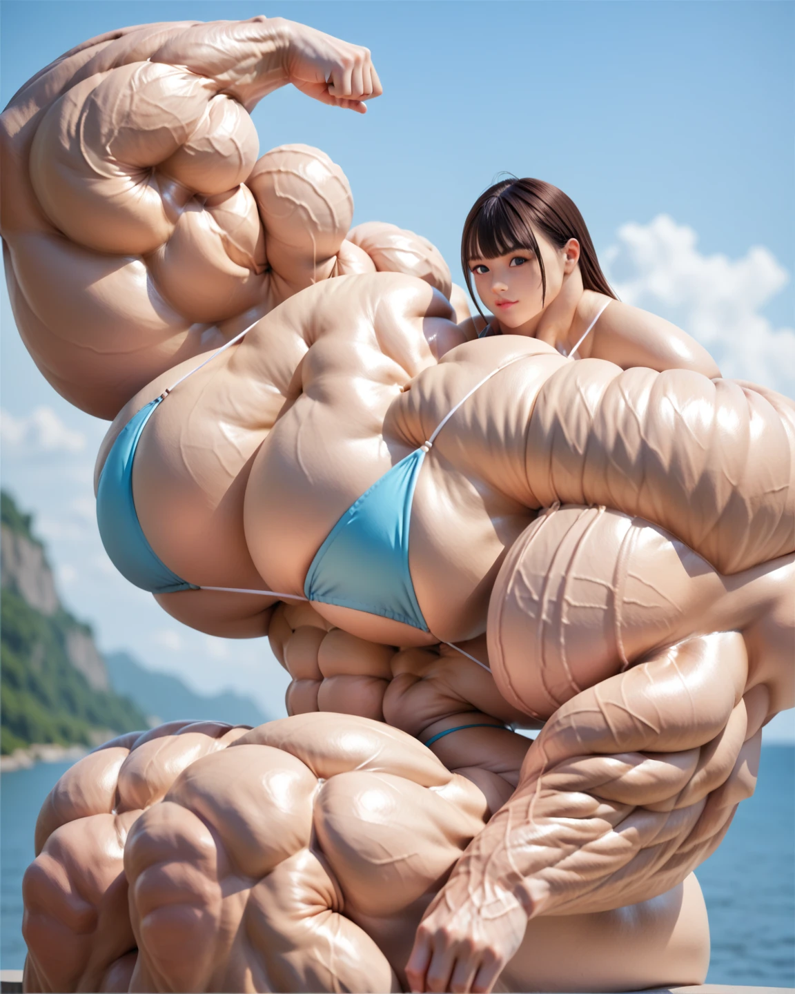 ((Best Quality)),NSFW,((Photorealistic)),((Absurd resolution,Ultra High Resolution,Highly detailed)),1girl,((Japanese girl)),((beautiful)),(pretty face),(Armpit hair:1.3),(open mouth:1.2),(cry:1.3),zfuta,futanari,(erect penis:1.2),(testicle),((masturbation)),(closed eyes:1.2),detailed skin,(pale skin),(Sweat:1.2),(full nude:1.4),(Pubic hair:1.2),(squatting),(sexy posing),Thick eyebrows,straight eyebrows,low eyebrows,(Narrow face:1.2),(thick lips:1.3),(Glossy lips),(lip stick),((blush)),(young),(medium body),Muscular arms,Muscular legs,((wide forehead)),((Pulled back hair)),braid,Perfect Anatomy,(flat chest:1.35),Black medium hair,Erect nipples ,(Straight hair),(muscular:1.3),(Highly detailed face),beach,(windy)