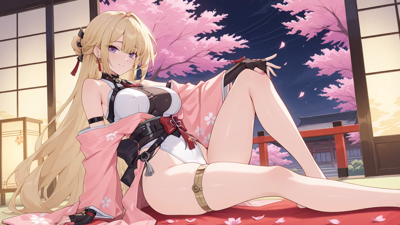 ninjartist、Kunoichi、fishnet tights、足全体のfishnet tights、scarf、Know、Angle from behind、A Japanese style、Leotard、highleg、Short length、tits out、cleavage of the breast、Indigo clothing、Pink decoration、Cherry blossom pattern、No shoulder、Samurai armor、no sleeves、arm guards、bow ribbon、oriental,a blond、 detaileds, 1 rapariga, Beautiful fece, in 8K, The artwork, walls、 upscaled、(is standing),Fractal Art、 up skirt, cammel toe, string, pantyshot, detailedsな背景、jpn、jpnの城