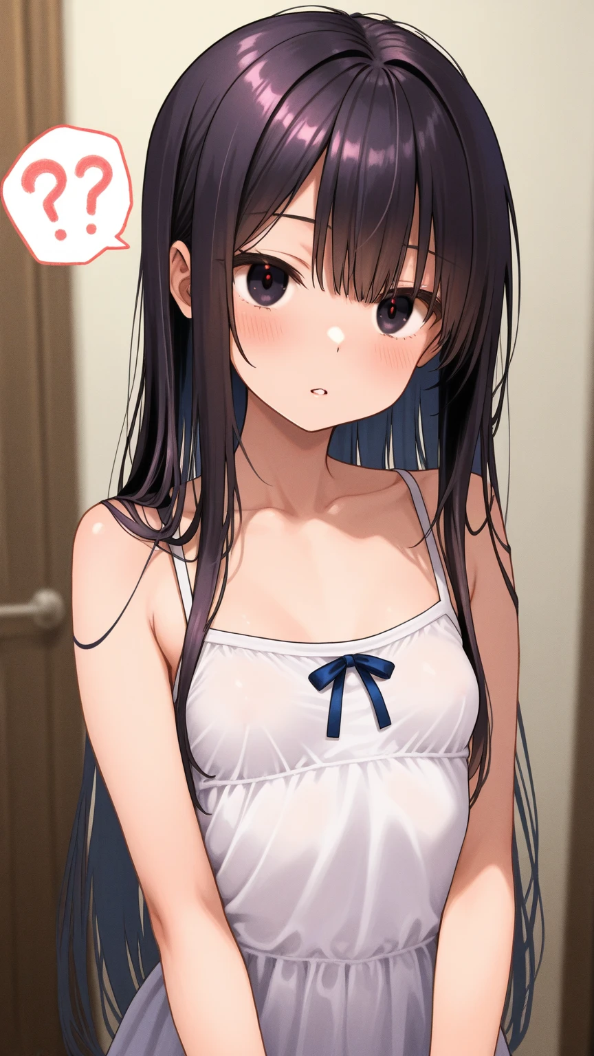 (sweat:1.3)、Placing hand on chest, (looking away:1.5), A close-up of your face、Biologically correct five fingers、Cleavage、Realistic, real person, (pale skin: 1.2), RAW photo, photorealistic, shiny skin, shiny hair、(A 25-year-old woman with medium-length hair and bangs) and (wavy hair) and (brown hair) and (orange eyes) , (sundress) and (white) 、(blush, confused:1.2), The background is the living room、Alone、Are standing
